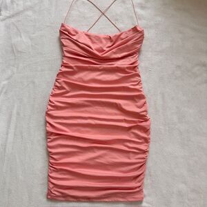 Oh Polly Coral Ruched Bodycon Mini Dress with Spaghetti Straps